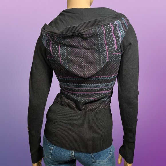 Y2K Hooded Black Fair Isle Skinny Sweater Size S Cotton Emo Indie 2000s - Picture 7 of 10